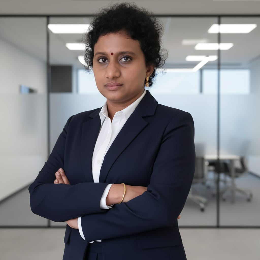 Sindhu Arahvindhan in a navy suit in an office