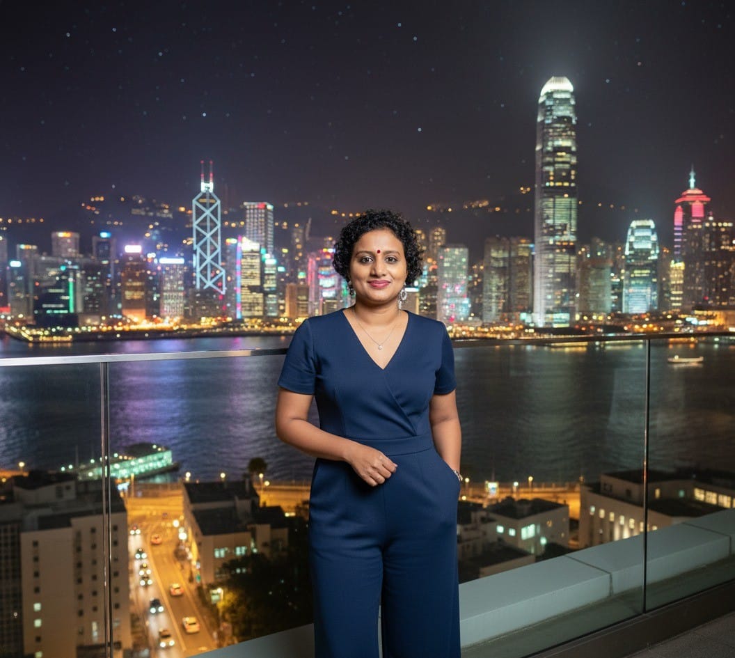 Sindhu Arahvindhan standing in front of an illuminated waterfront skyline